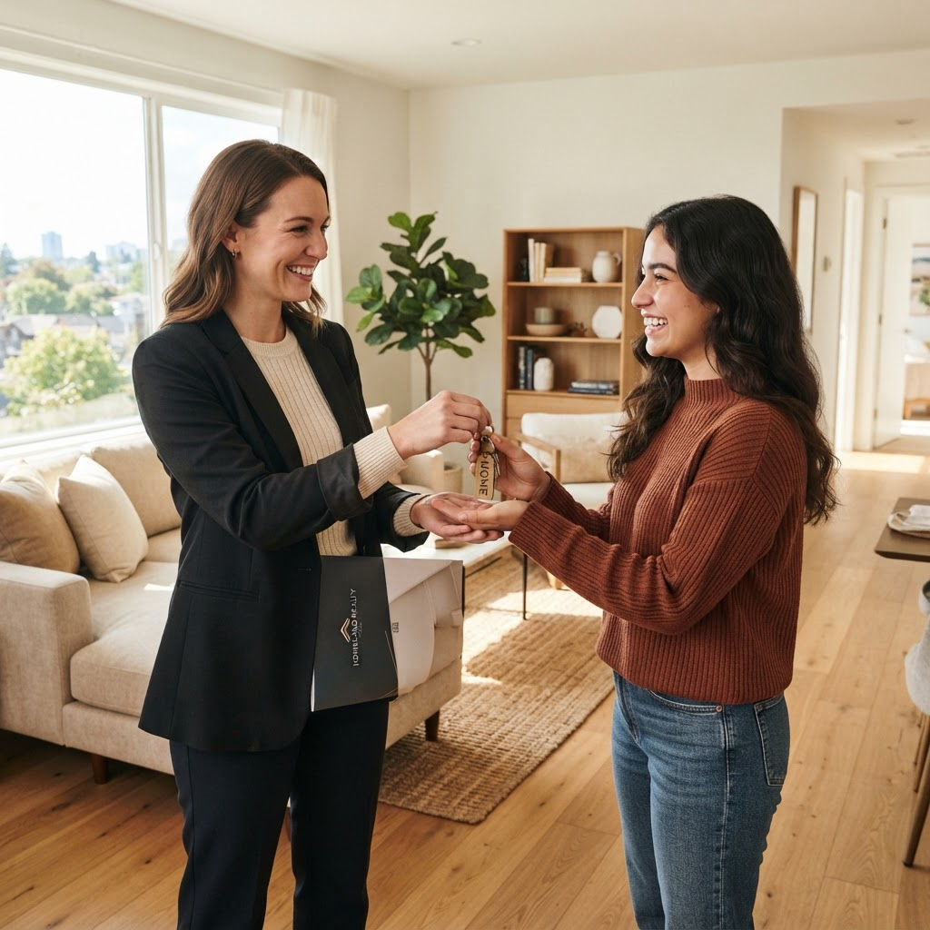 A welcoming adviser handing over the keys to a new home